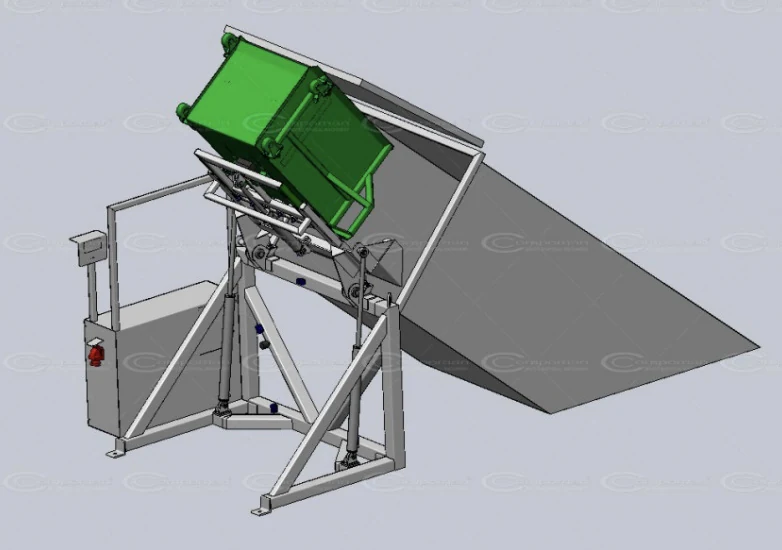 Reference mechanism using a tilting platform to transfer material into a container.