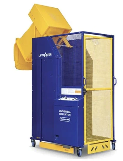 Commercial universal bin lifter with a guarded lifting platform.