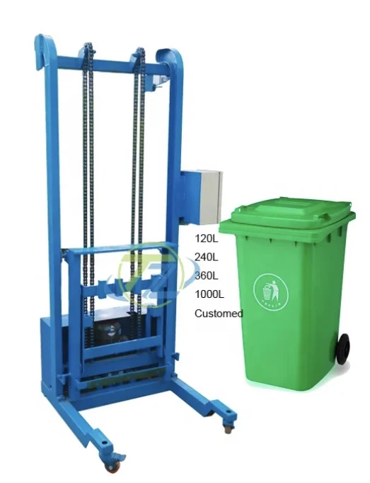 Chain-driven lifting frame transferring a wheeled container.
