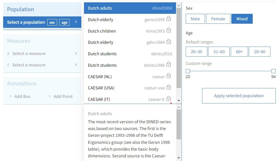 DINED population selection interface used to examine Dutch adult body dimensions across ages 20 to 94.