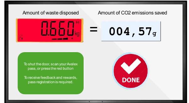Proposed weatherproof touchscreen showing disposed weight, estimated carbon savings, a consent message and an unregistered Done option.