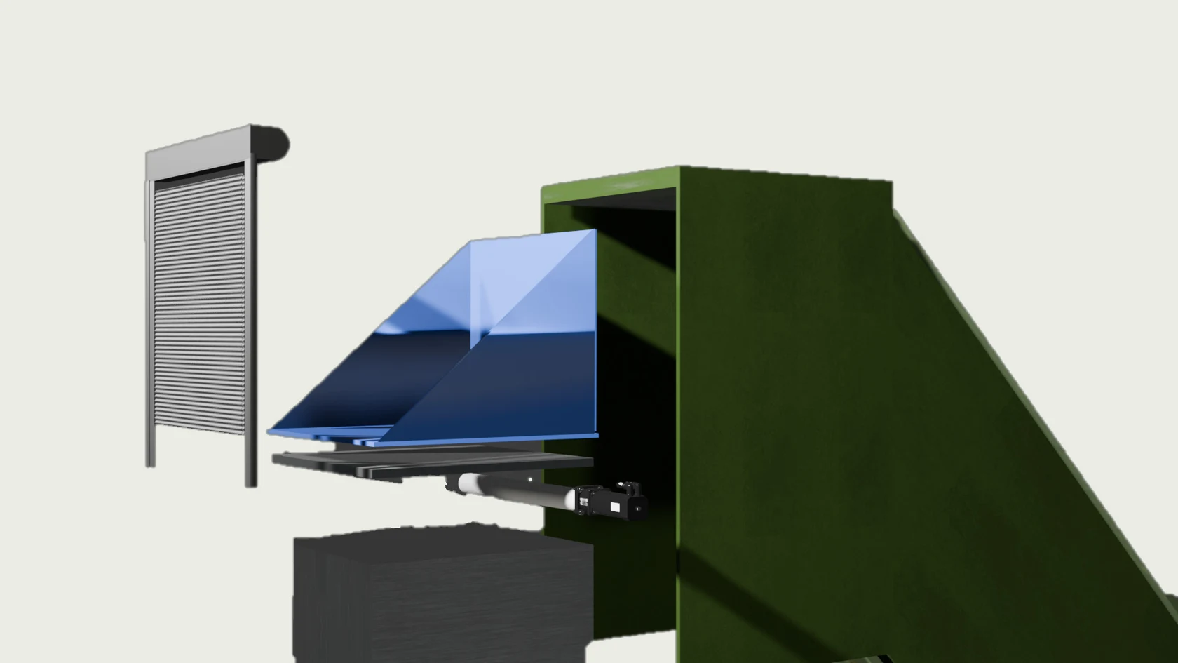 Cutaway rendering identifying the shutter, triangular Flipper, weighing platform, motor, supporting structure and green enclosure.