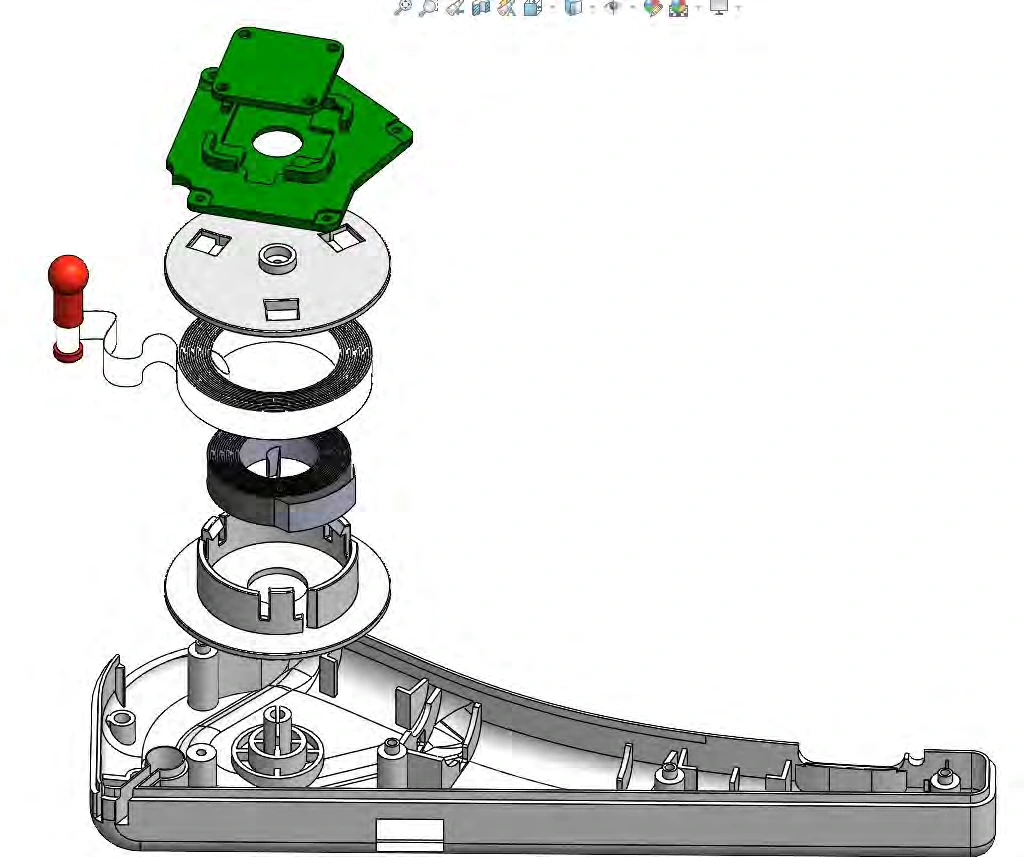 Exploded view of the removable tape spool and its parts inside the handheld.