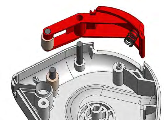 Exploded retract lever mechanism with axles and spring inside the handheld.