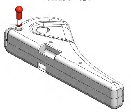 CAD view showing the tape-end pin and its insertion point on the handheld.