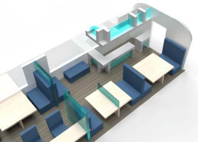 Rendered train interior with separated workstations and blue seats