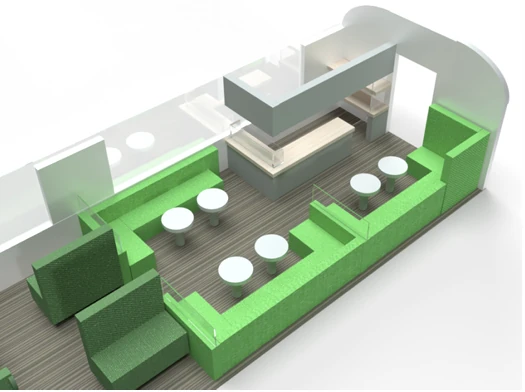 Relax Coach render showing group sofas, small tables and comfortable green seating.