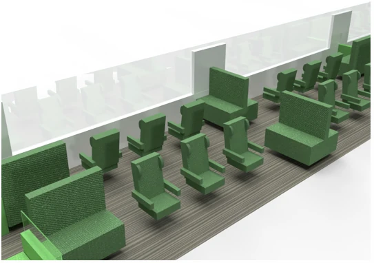 Relax Coach interior render with individual green seats, high-backed seating and transparent panels.