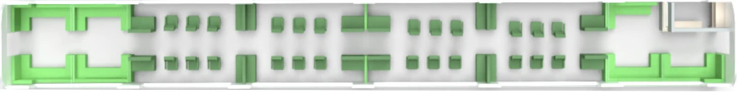 Top-down layout of the Relax Coach showing different seating arrangements and table positions.