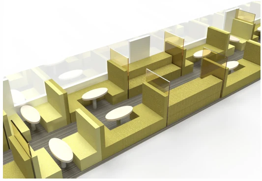 Detailed Social Coach render showing several group seating configurations and shared tables.
