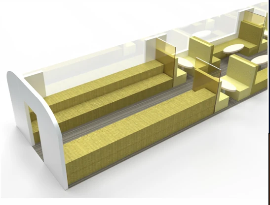 Social Coach interior render with yellow group seating, shared tables and transparent separation panels.