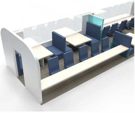 Detailed Work Coach render showing separated seats and tables in the train carriage.