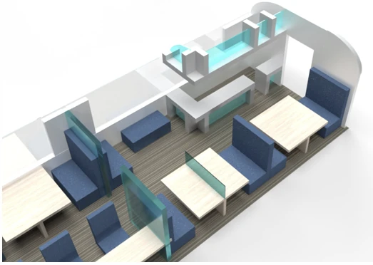 Work Coach interior render showing individual work areas, tables, blue seats and transparent separation panels.