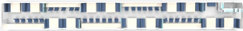 Top-down layout of the Work Coach showing seats, tables and separated workspaces along the carriage.