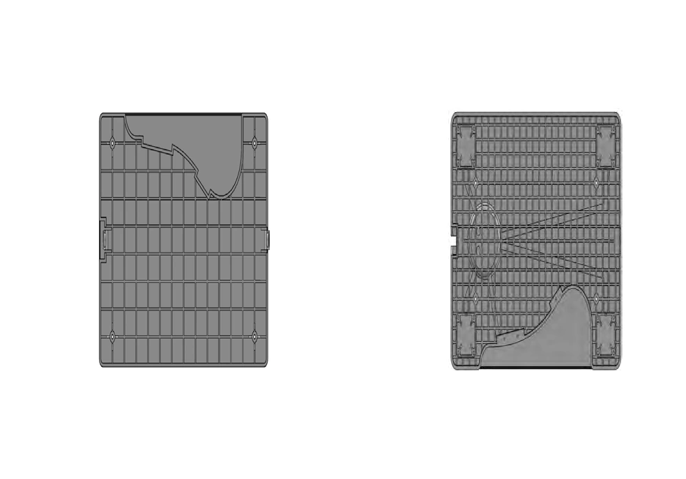 CAD grid layouts for the upper and lower scale shells.
