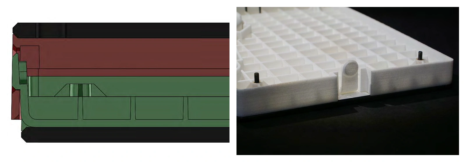Section view and prototype close-up showing how snap fingers fix and align the two scale shells.