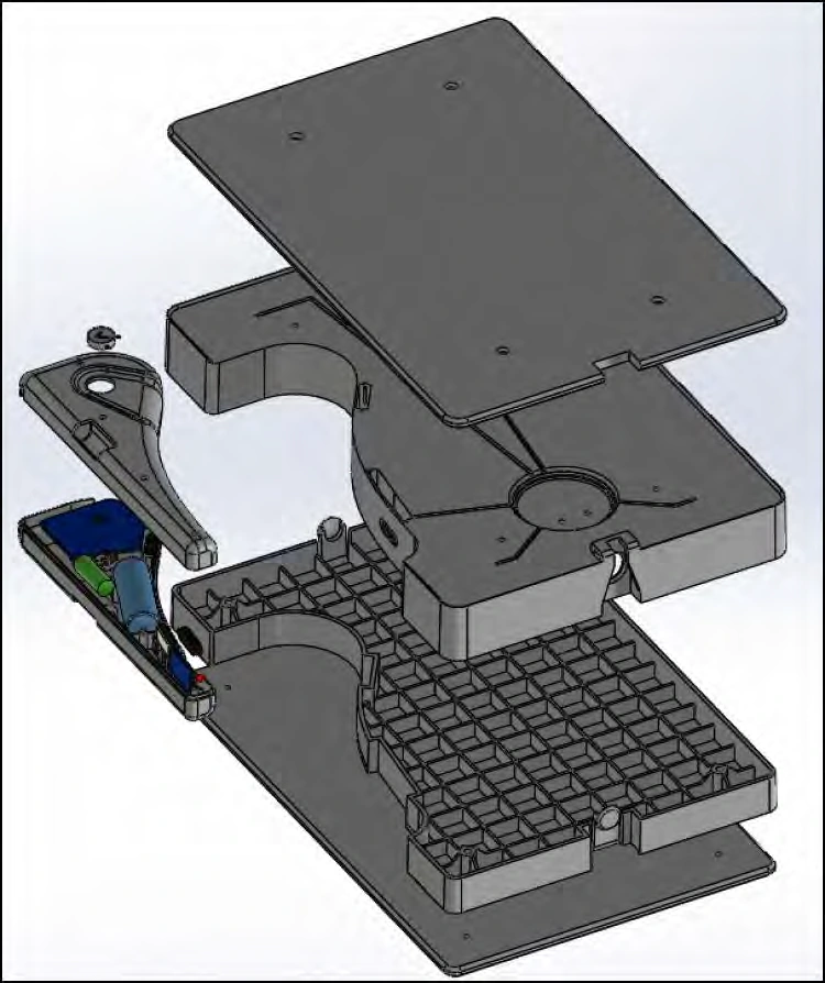 Exploded scale assembly showing the HPL top, shells, load cells and handheld placement.