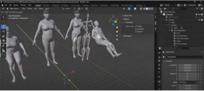 Body meshes posed in Blender to represent different in-vehicle postures.