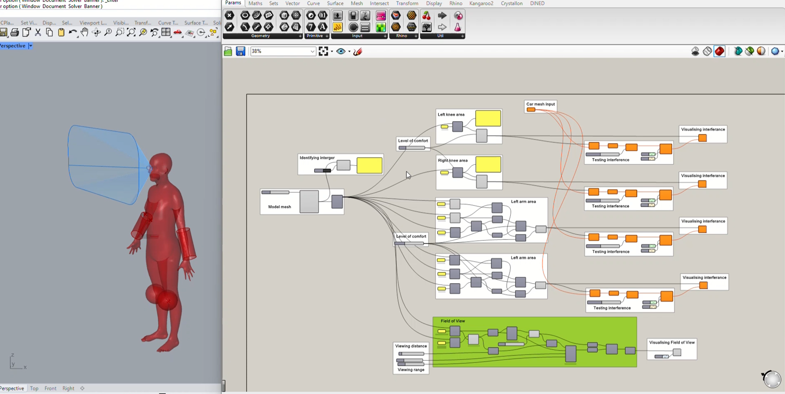 Grasshopper model showing occupant comfort geometry, interference checks and field of view.
