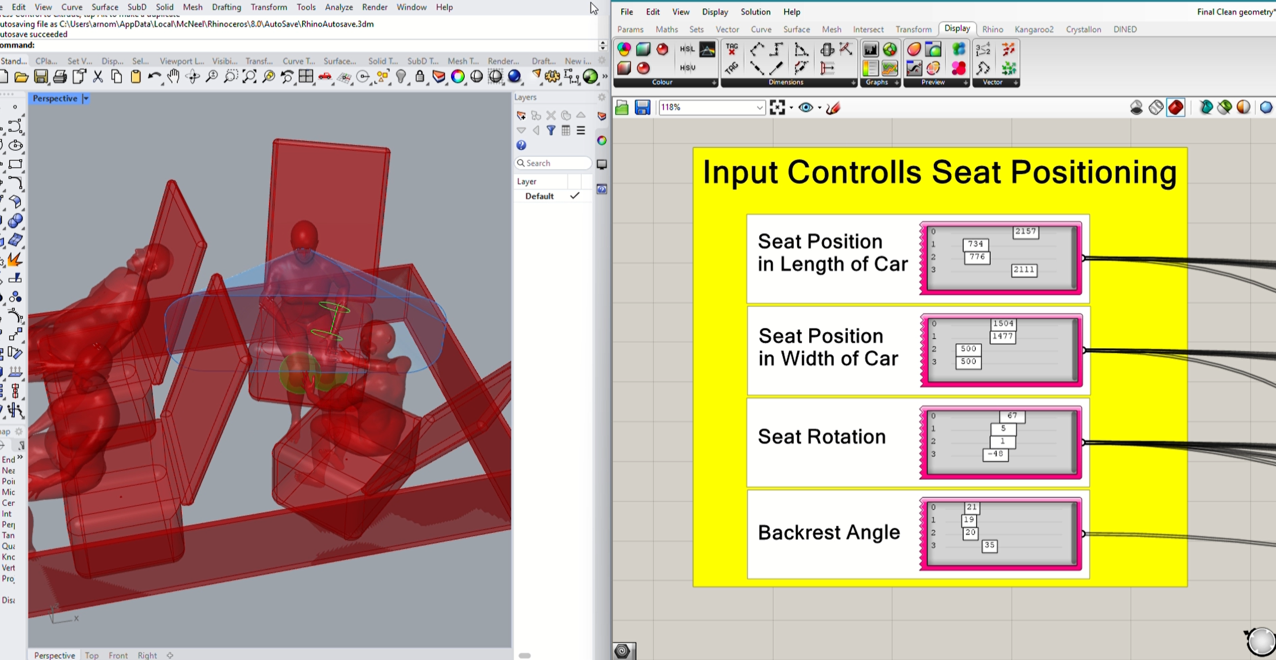 Vehicle cabin model with Grasshopper controls for seat position, rotation and backrest angle.
